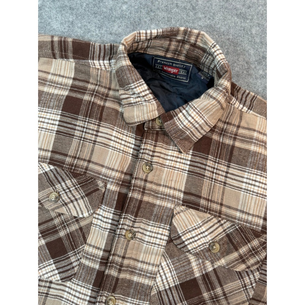 Wrangler Mens Brown Plaid Quilted Lined Flannel Shirt Jacket‎ Size S Button Up